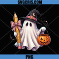 Cute Ghost Witch With Pencil PNG, Halloween Pumpkin Bucket PNG