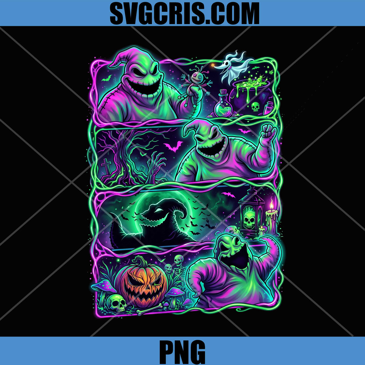 Oogie Boogie Villain PNG, Spooky Neon Halloween Scene PNG