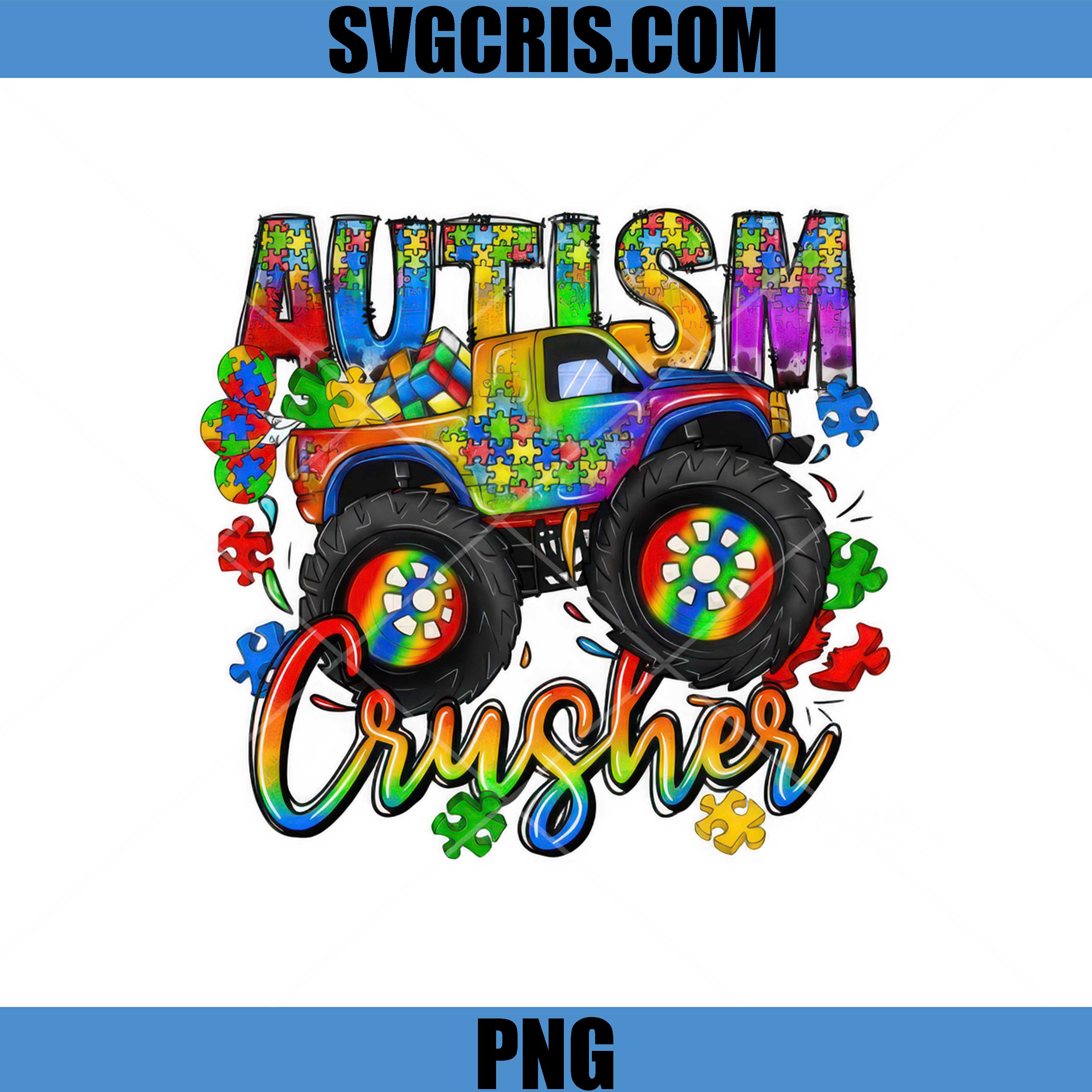 Autism Monster Truck Crusher PNG, Puzzle Colorful Truck PNG