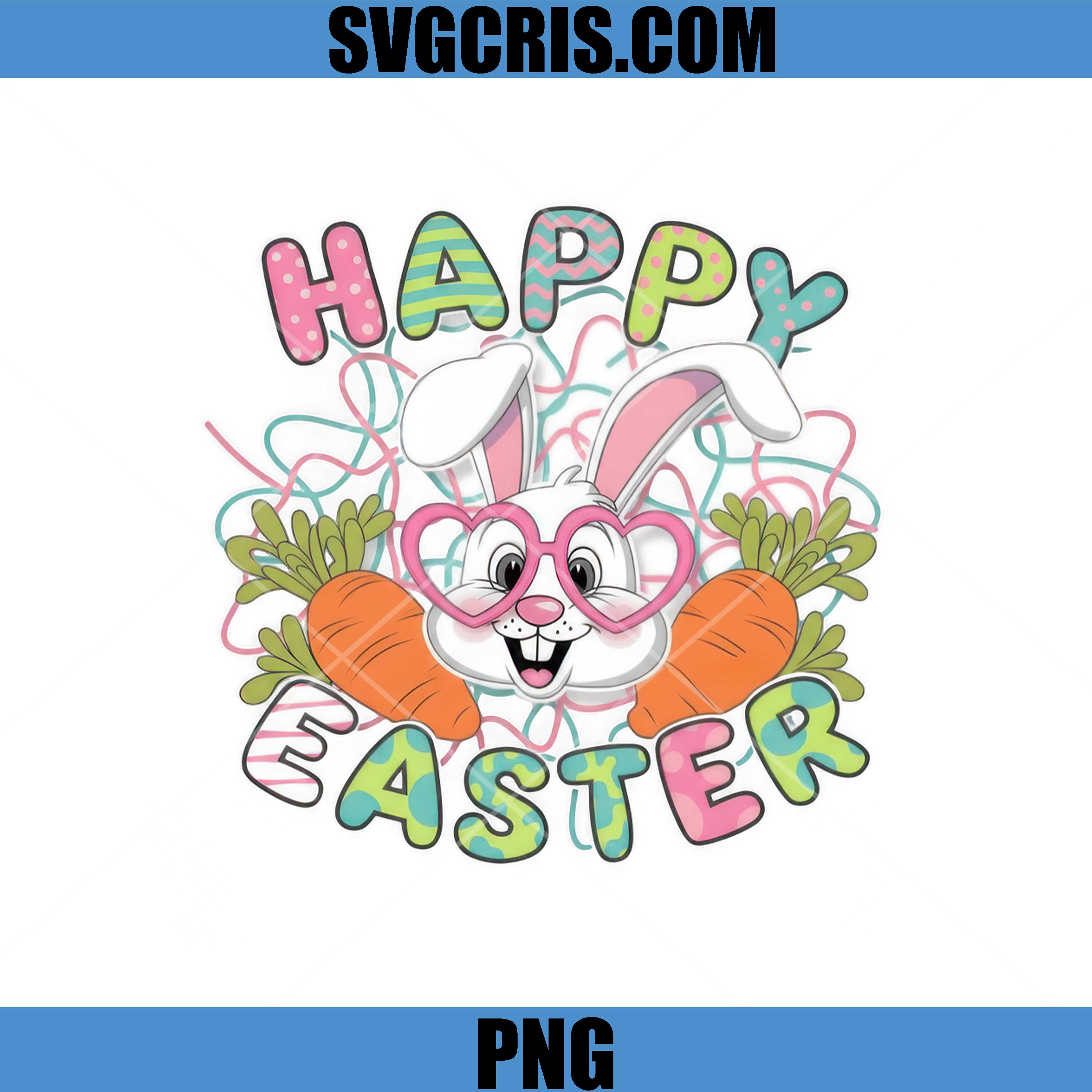 Happy Easter Bunny Carrot PNG, Cute Rabbit Heart Glasses PNG