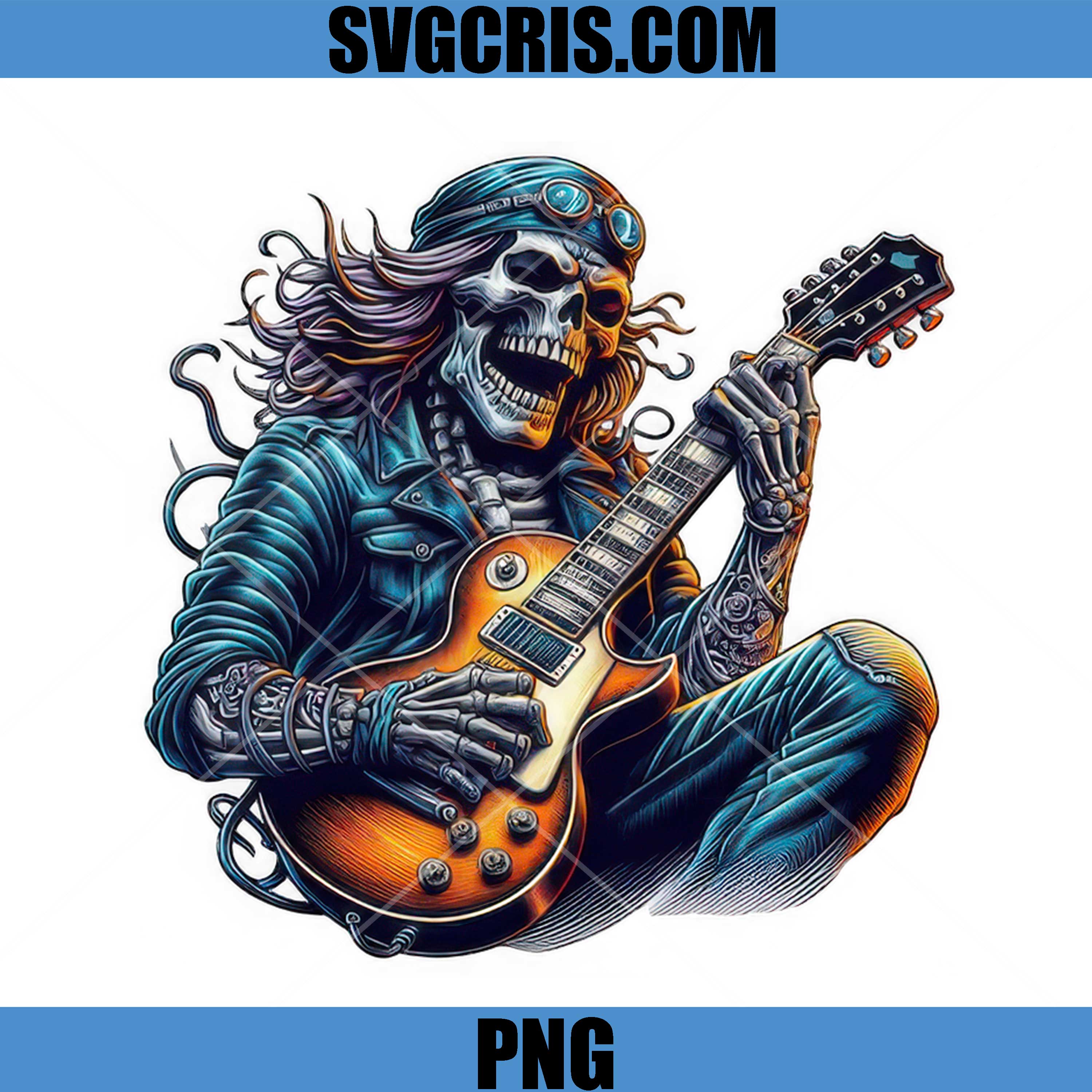 Guitar Playing Skeleton Rock Band PNG, Dark Skull Graphic PNG