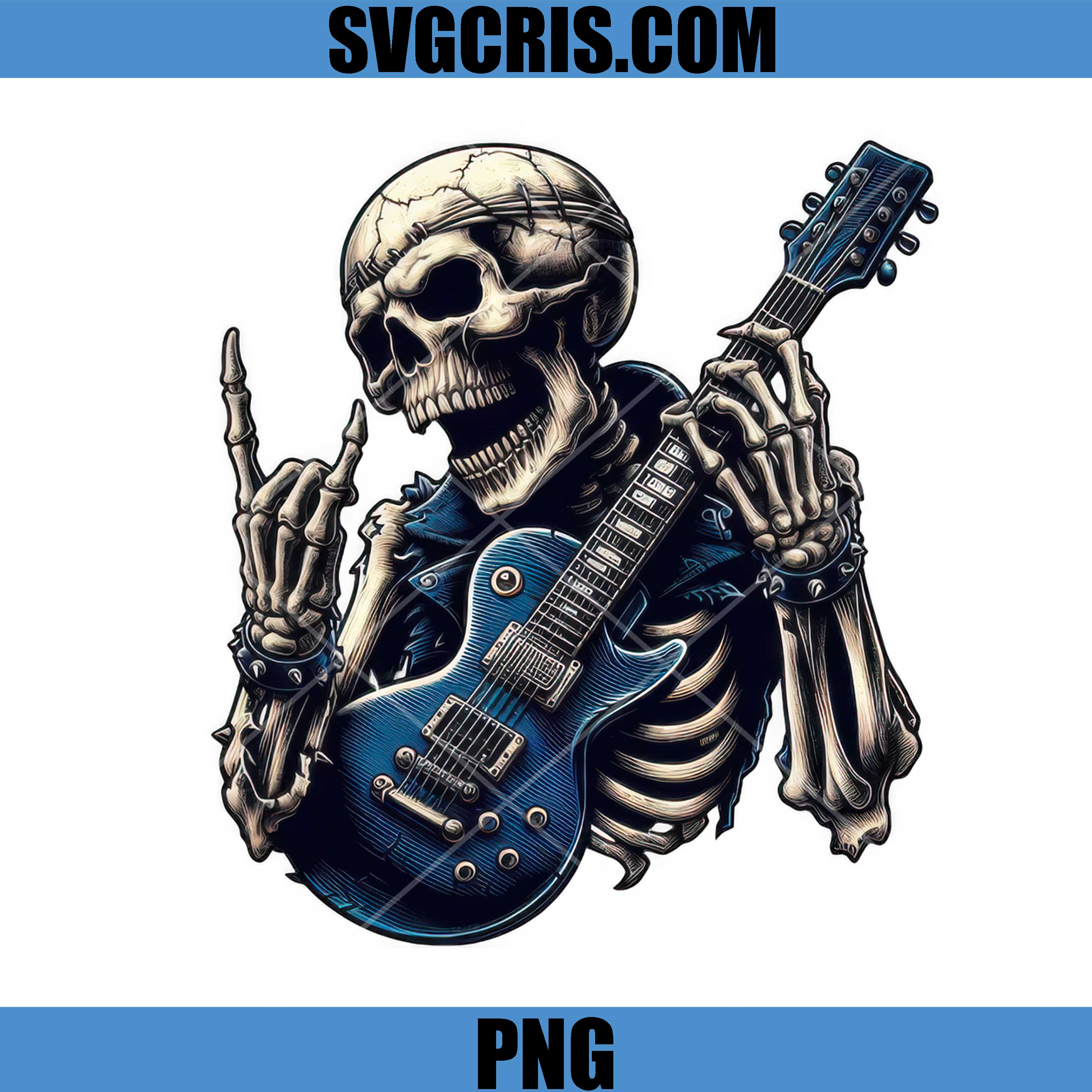 Skeleton Rocker With Guitar Hand Sign PNG, Skull Musician Heavy Metal Art PNG