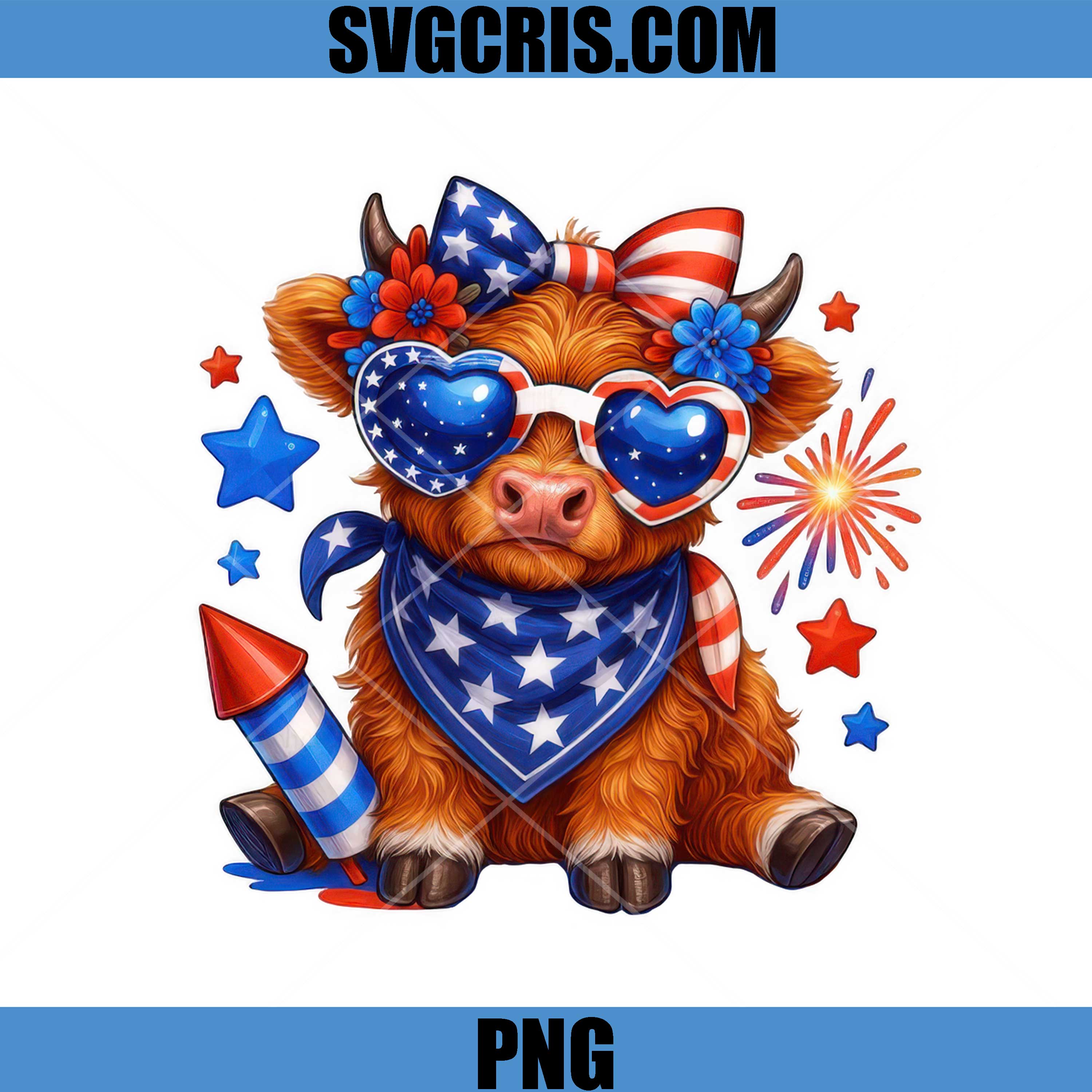 Patriotic Highland Cow USA PNG, 4th July Cow PNG