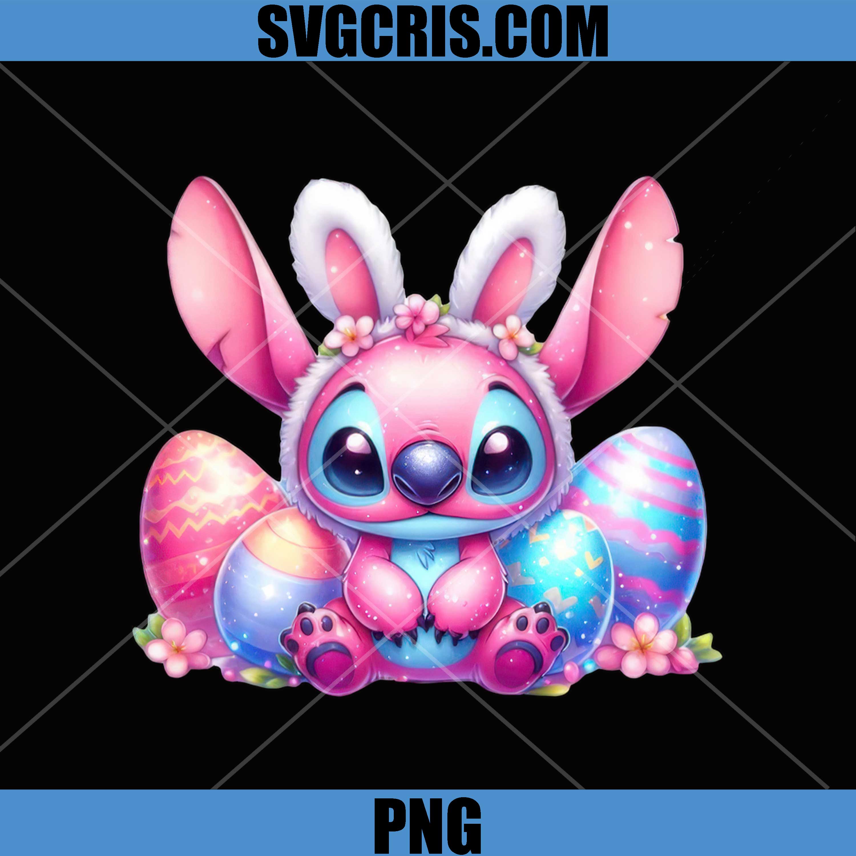 Cute Stitch Easter Bunny With Colorful Eggs PNG, Pink Stitch Easter PNG