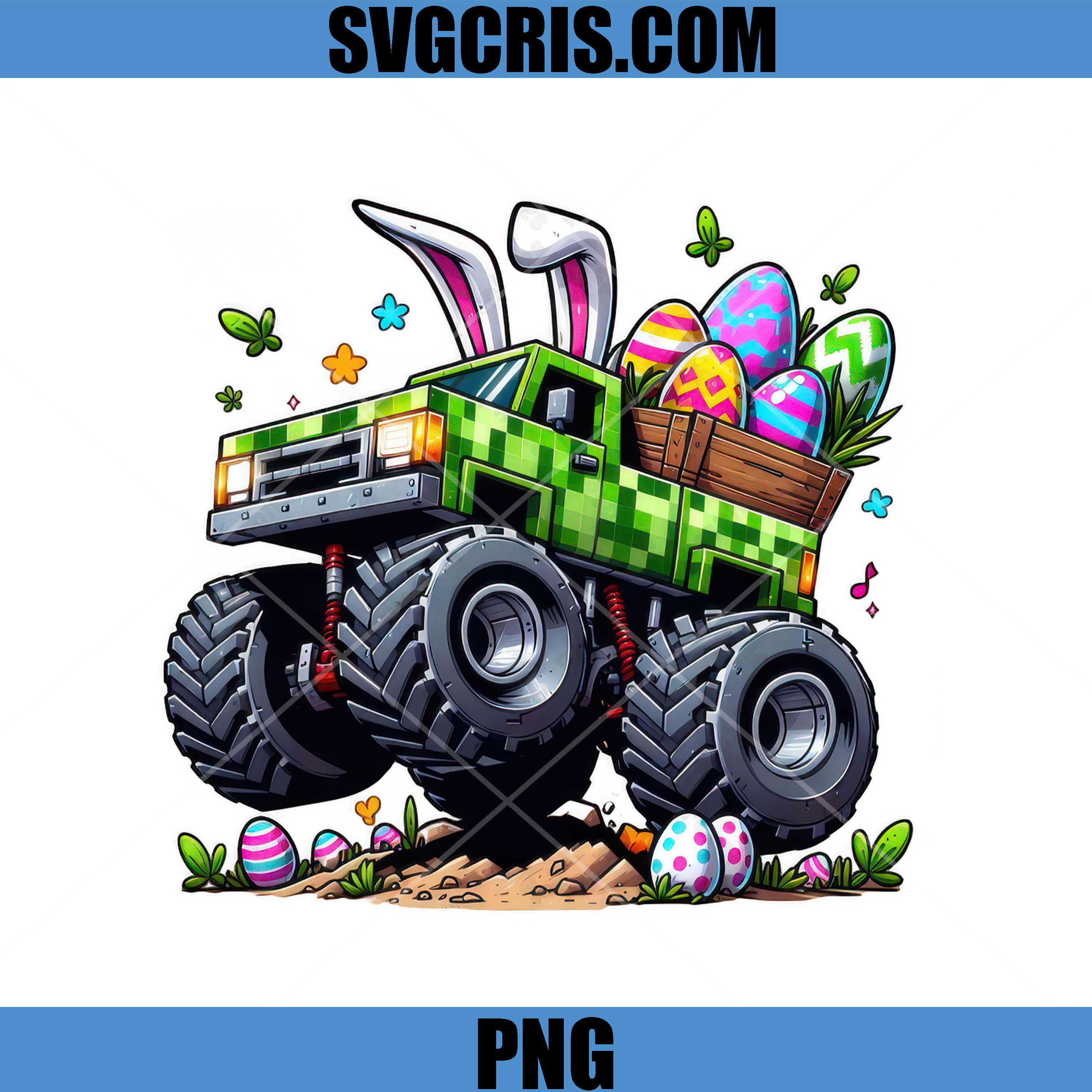 Easter Monster Truck Green Bunny Ears PNG, Easter Eggs Truck PNG