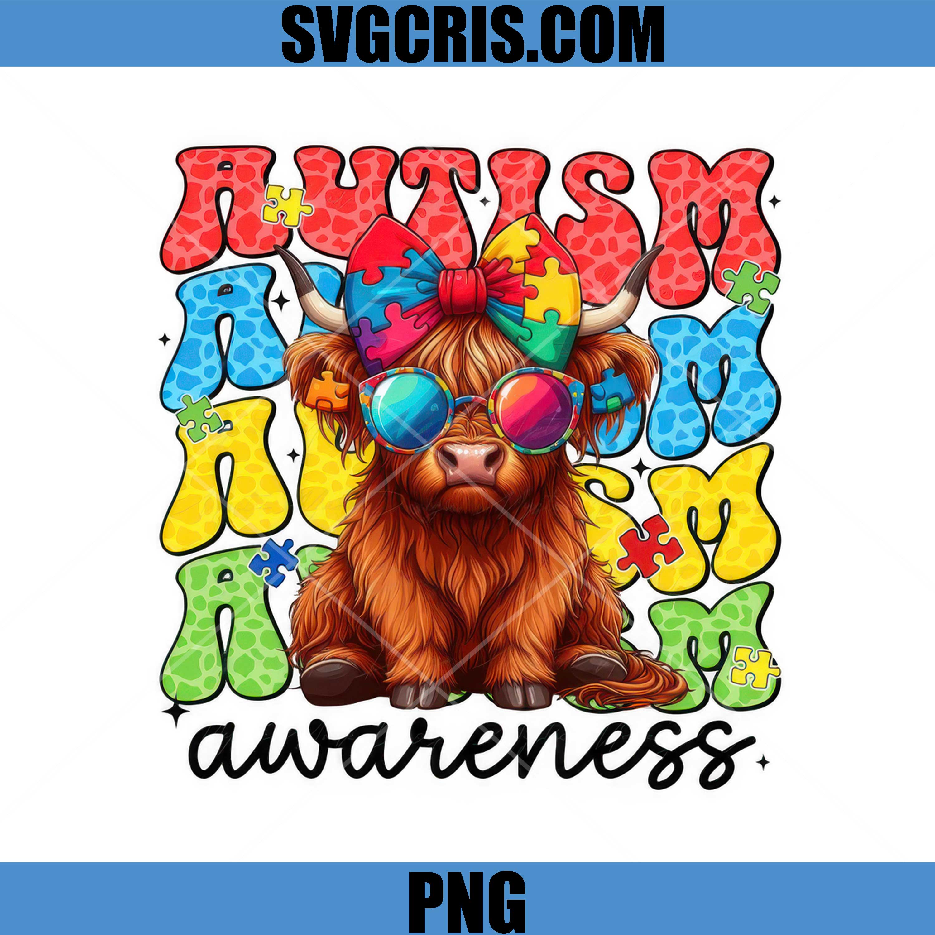 Autism Awareness Cow PNG, Cow Puzzle Glasses Bow PNG