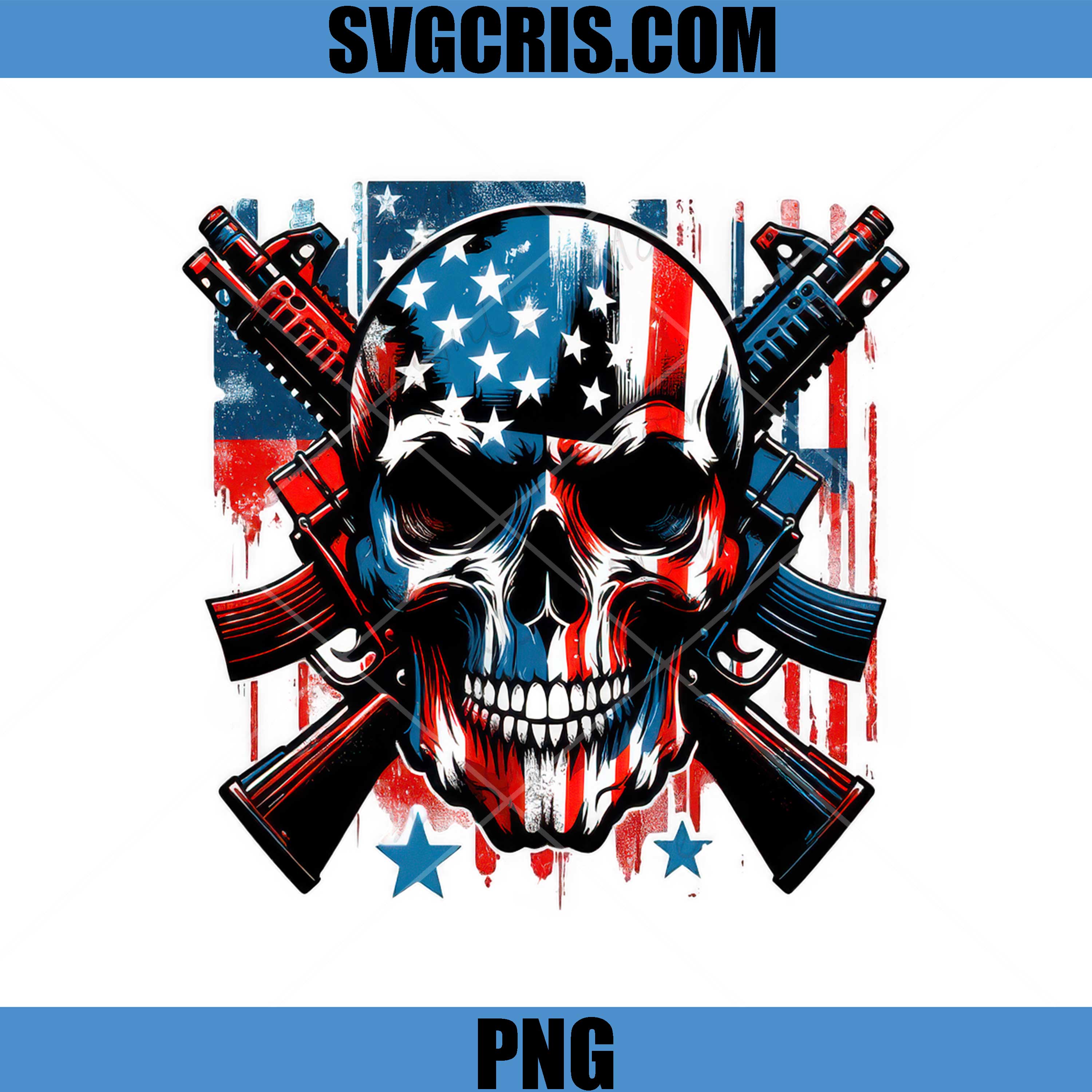 American Flag Skull With Guns PNG, USA Skull 4th July PNG