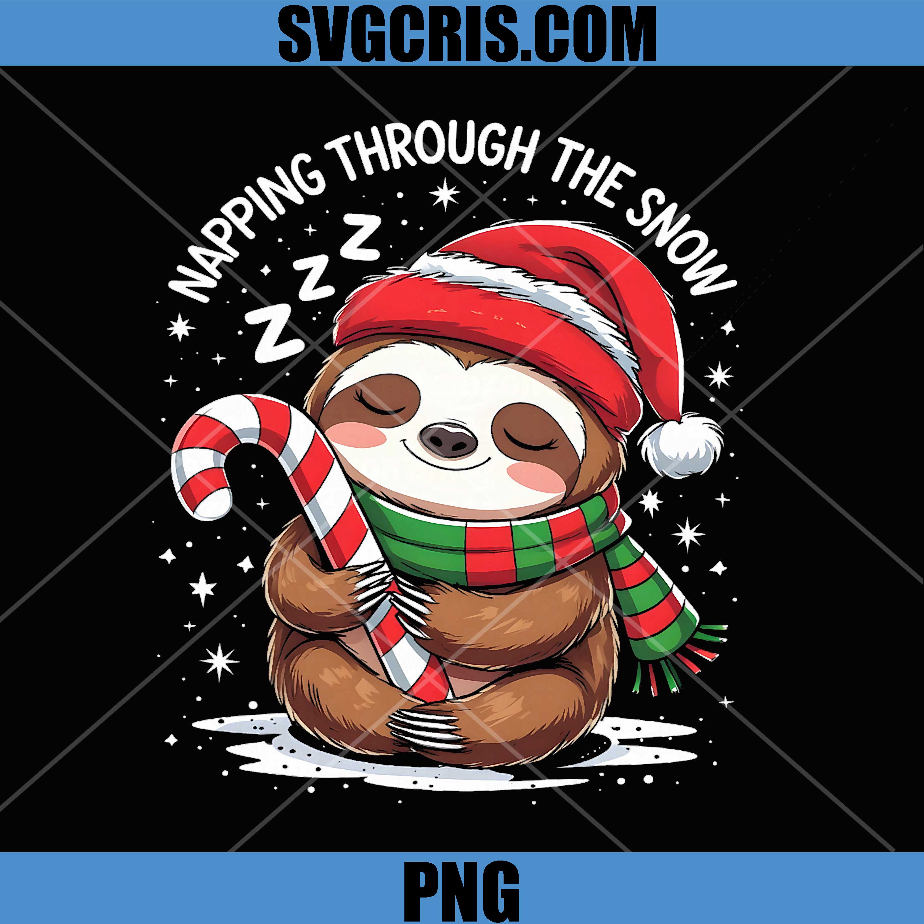 Napping Through The Snow Sleeping Sloth PNG, Holiday Sloth Candy Cane PNG