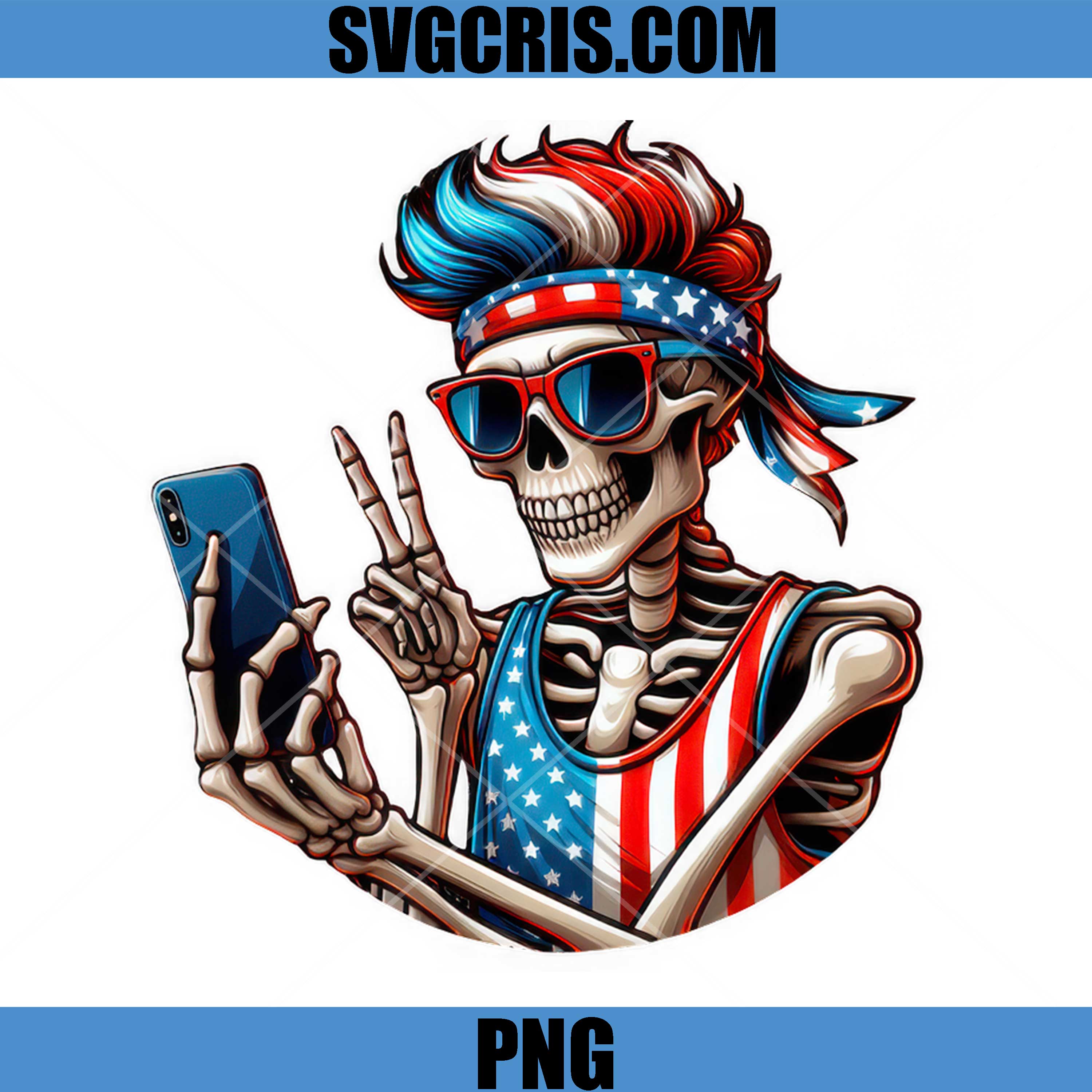 Funny Skeleton 4th Of July Selfie PNG, Patriotic Skull USA Flag Sunglasses PNG
