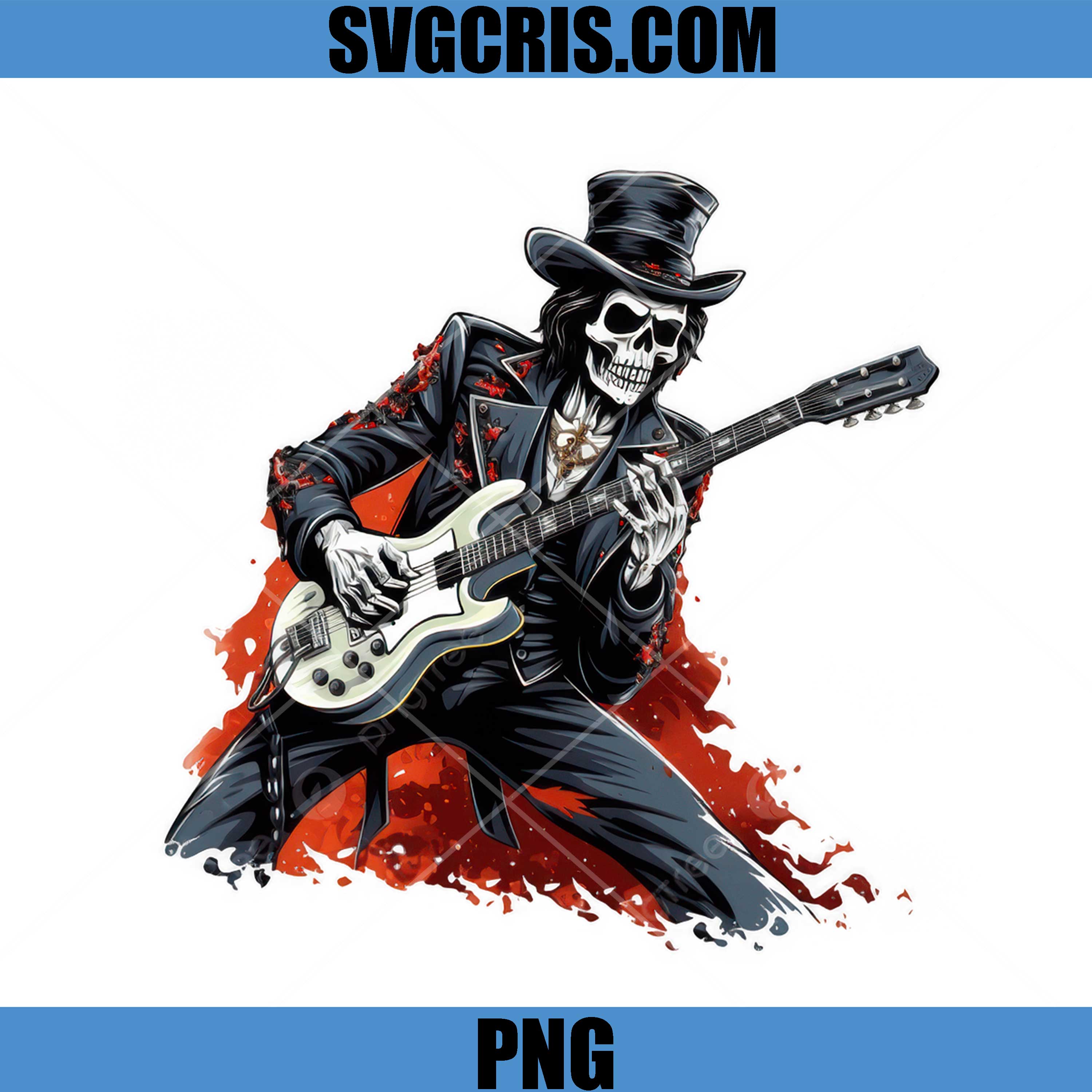 Skeleton Guitarist Top Hat Rock Metal Art PNG, Skull Musician Electric Guitar Design PNG