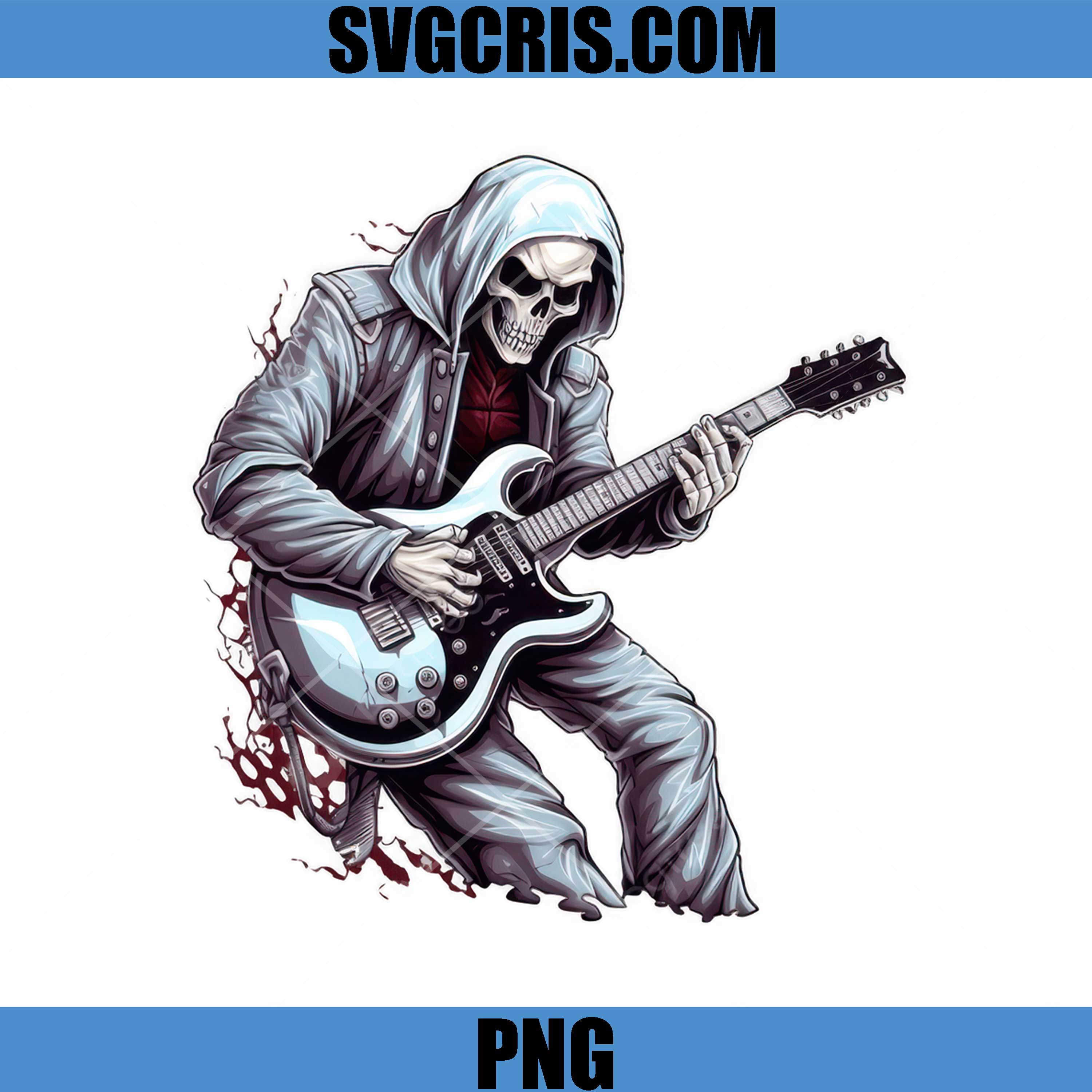 Rock Skeleton Guitar Player Hoodie Style PNG, Dark Skull Music Band Artwork PNG