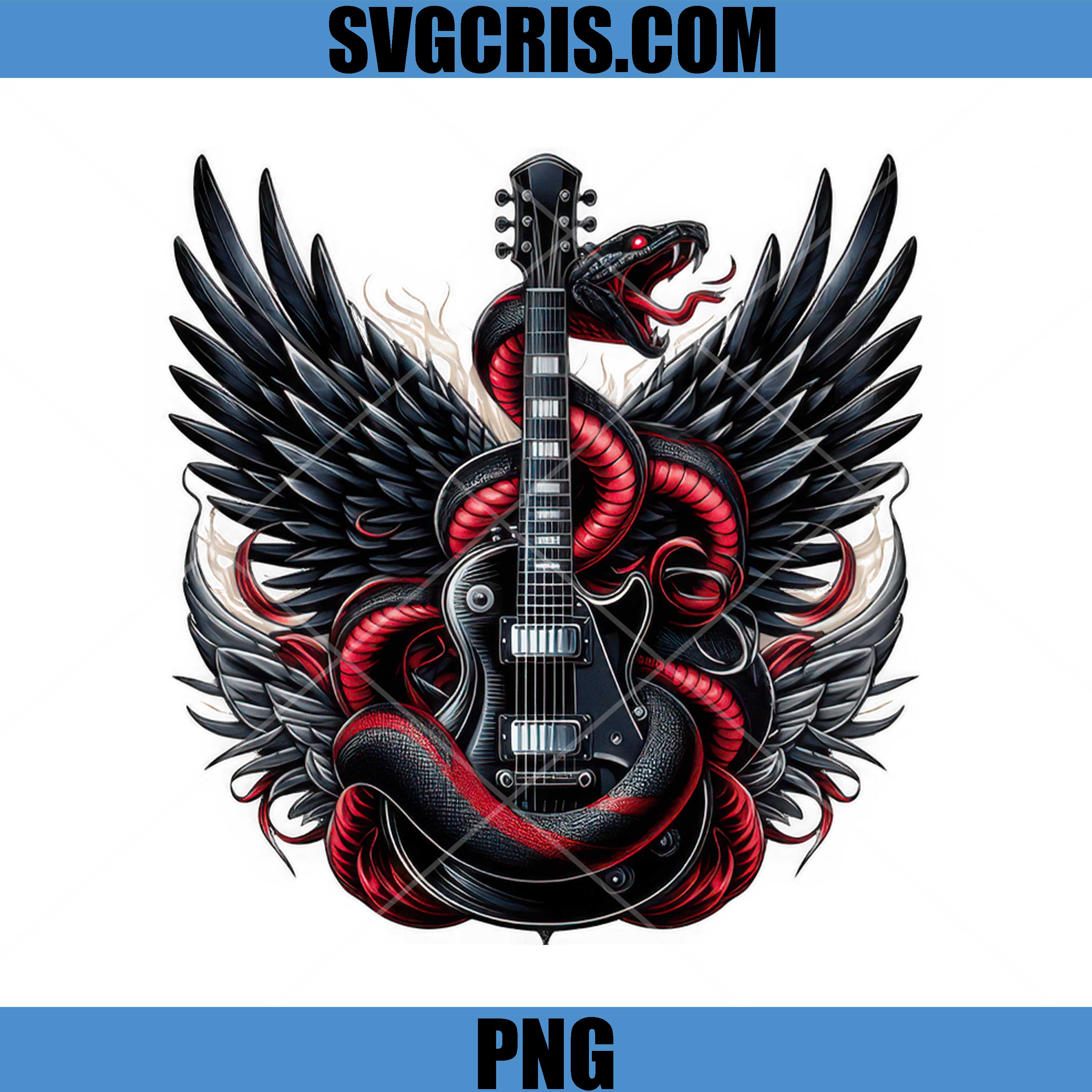 Black Guitar With Red Snake And Wings PNG, Heavy Metal Style Artwork PNG