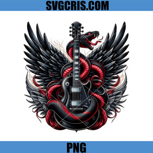 Black Guitar With Red Snake And Wings PNG, Heavy Metal Style Artwork PNG