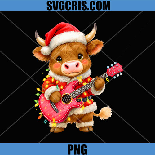 Christmas Highland Cow Guitar PNG, Santa Cow Playing Pink Guitar PNG