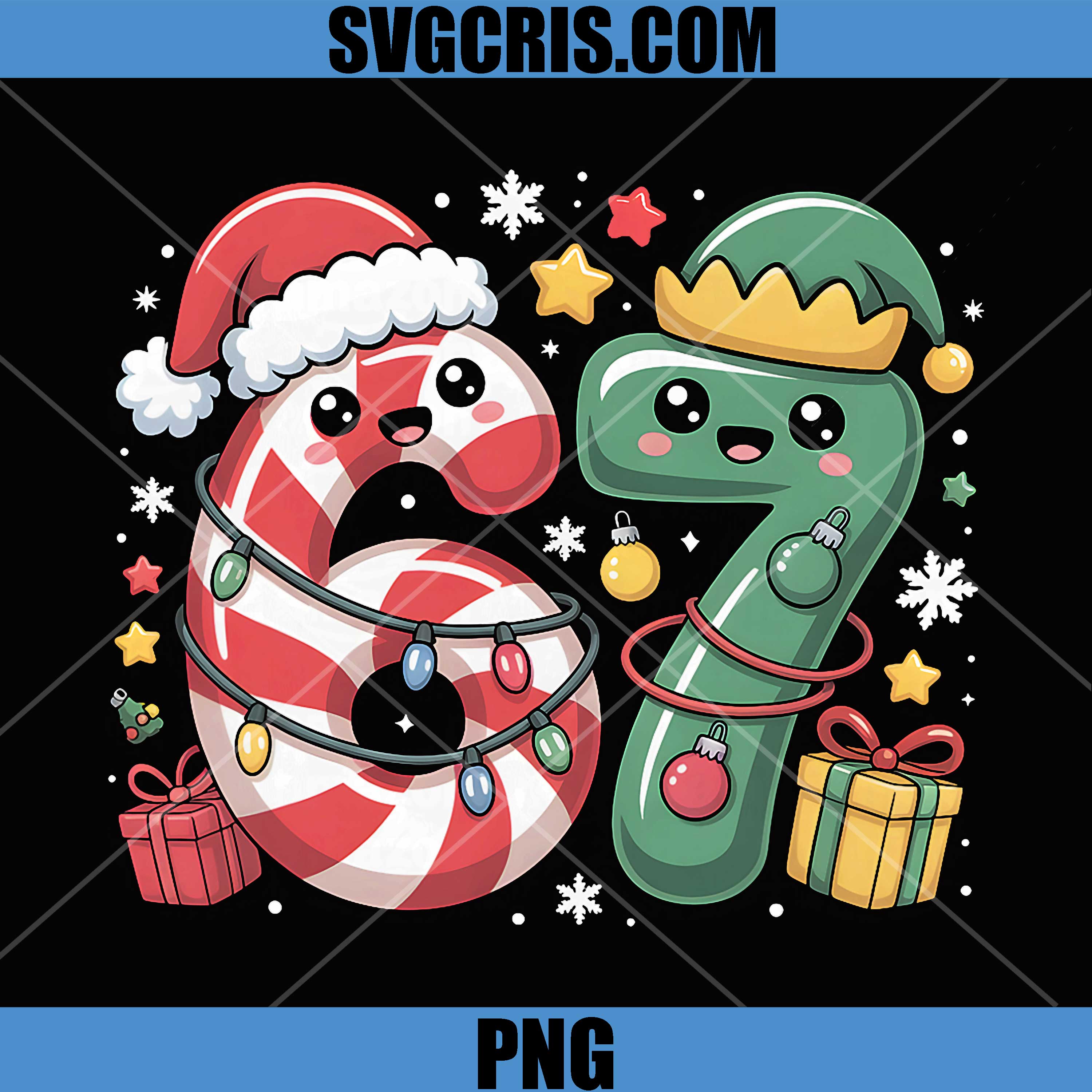 Six Seven Cute Christmas Numbers PNG, Candy Cane And Elf 6 7 PNG