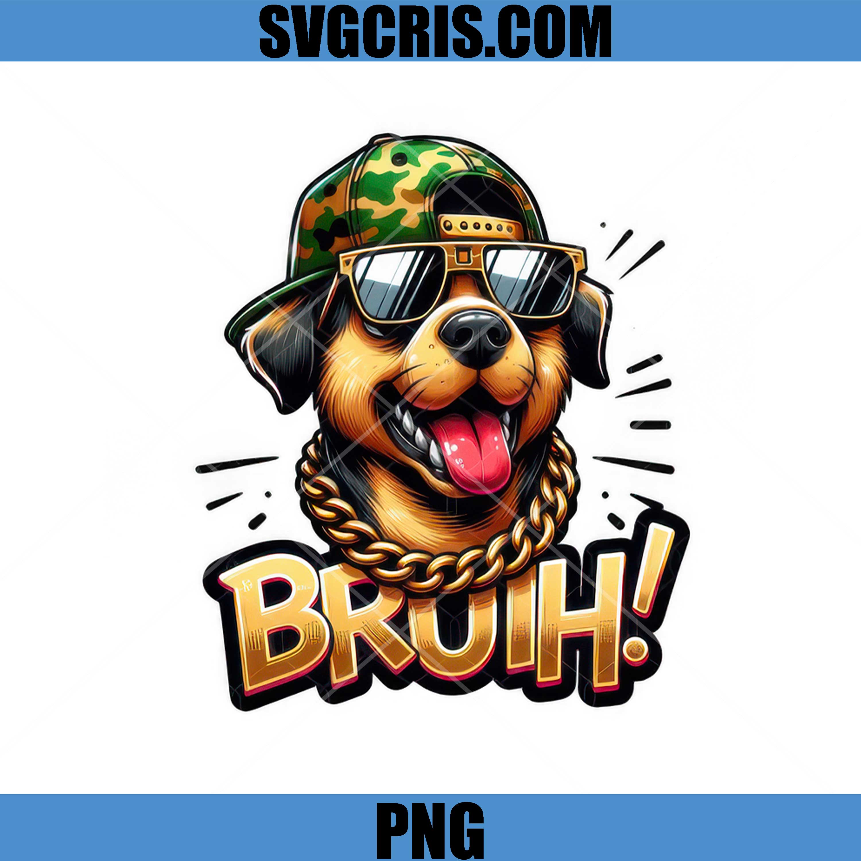 Dog Wearing Sunglasses Bruh PNG, Cool Dog Chain Hat Street Style PNG