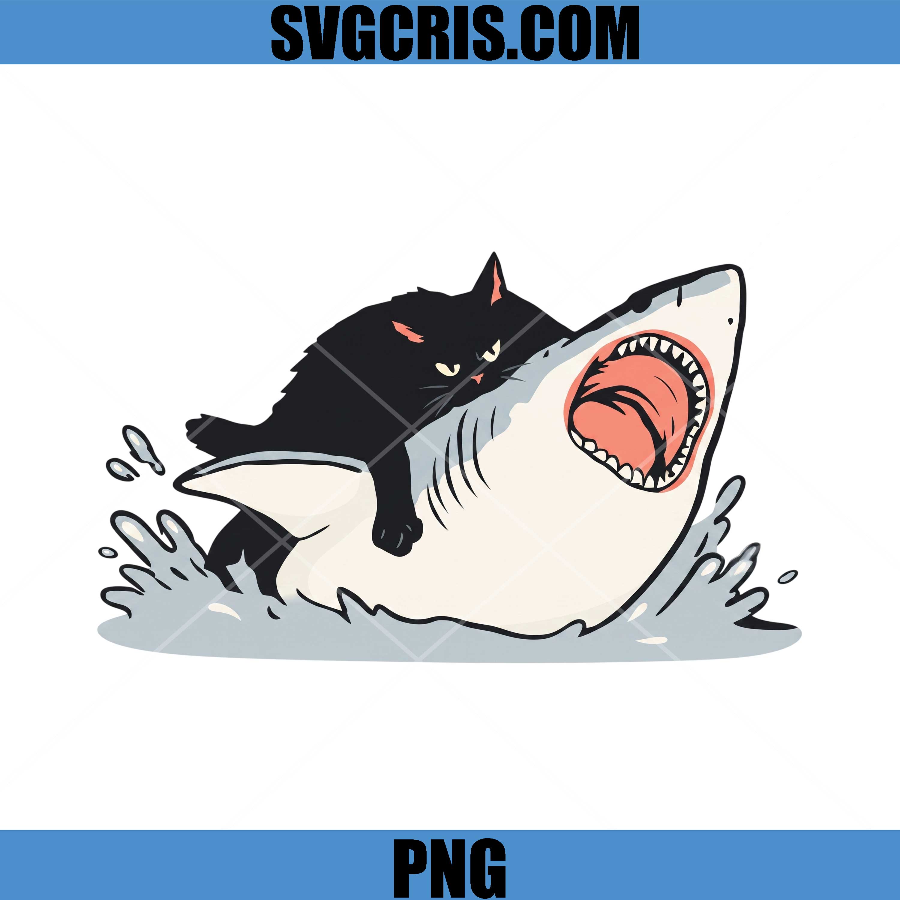 Black Cat Riding Shark PNG, Funny Cat Shark Meme PNG